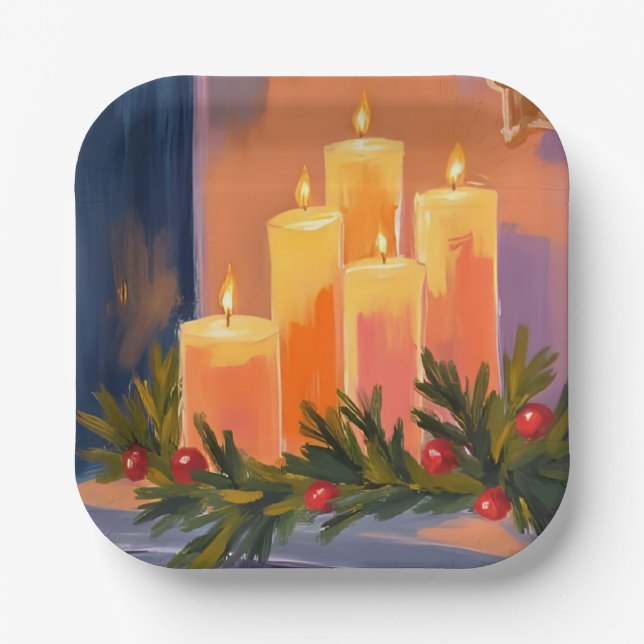 Christmas Mantle Candles Garland Painted Holiday Paper Plate (Front)