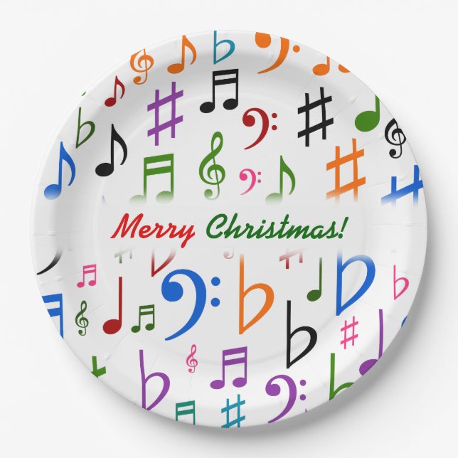 Christmas; Many Colourful Music Notes and Symbols Paper Plate (Front)