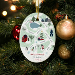 Christmas map story telling illustrations photo ceramic ornament<br><div class="desc">Modern Christmas map story telling illustrations featuring pine trees,  penguins,  ice skating shoes,  iced lake,  houses,  villages,  road,  mountain,  cable cabin,  skis,  snowman and more! Add your positive sentiments,  with peace and love,  rejoice,  joyful,  hope,  merriest,  cherish,  hugs... . Add your family photo at the back.</div>