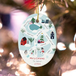 Christmas map story telling illustrations photo ceramic ornament<br><div class="desc">Modern Christmas map story telling illustrations featuring pine trees,  penguins,  ice skating shoes,  iced lake,  houses,  villages,  road,  mountain,  cable cabin,  skis,  snowman and more! Add your positive sentiments,  with peace and love,  rejoice,  joyful,  hope,  merriest,  cherish,  hugs... . Add your family photo at the back.</div>