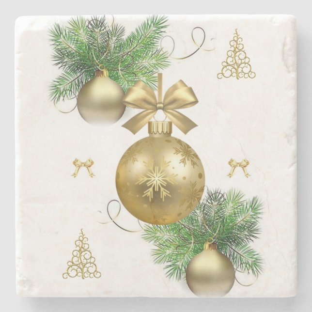 Christmas Marble Stone Coaster, Gold Balls Coaster (Front)