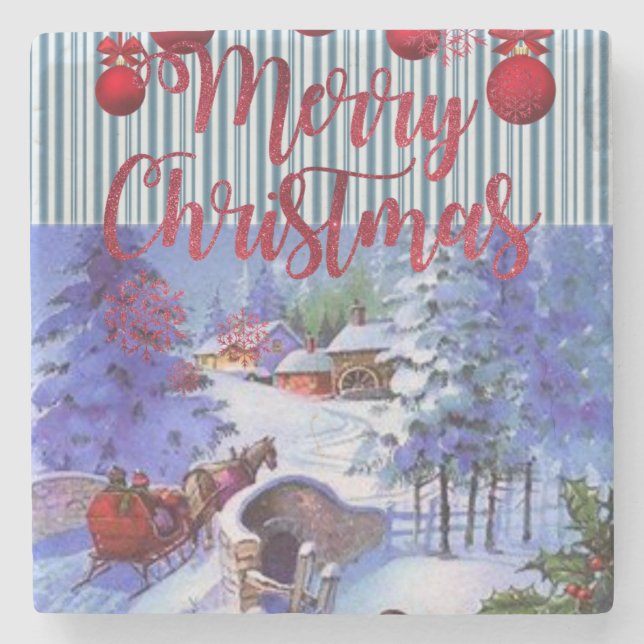 Christmas Marble Stone Coaster, Merry Christmas Stone Coaster (Front)