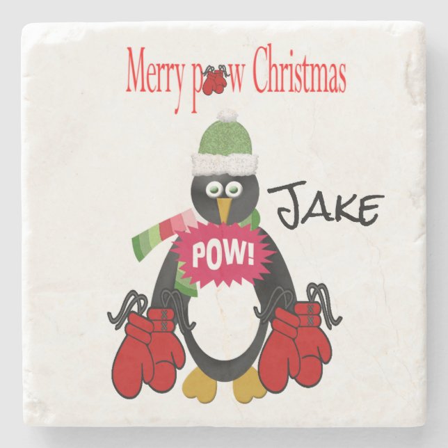 Christmas Marble Stone Coaster, Penguin Boxing Pow Coaster (Front)