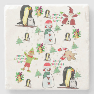 Christmas Marble Stone Coaster, Penguin Snowman Coaster