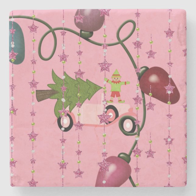 Christmas Marble Stone Coaster, Pink Elf  Coaster (Front)