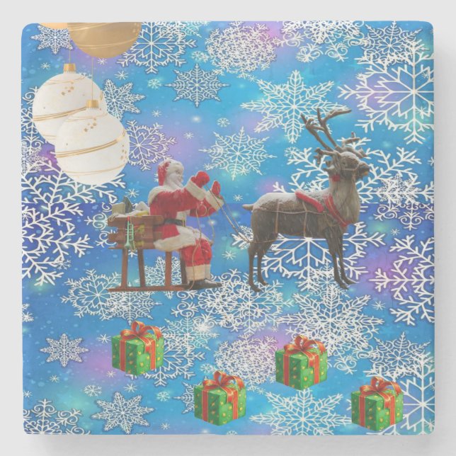 Christmas Marble Stone Coaster, Santa Stone Coaster (Front)