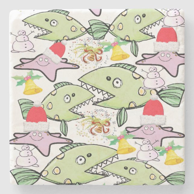 Christmas Marble Stone Coaster, Shark Fish Snowman Stone Coaster (Front)