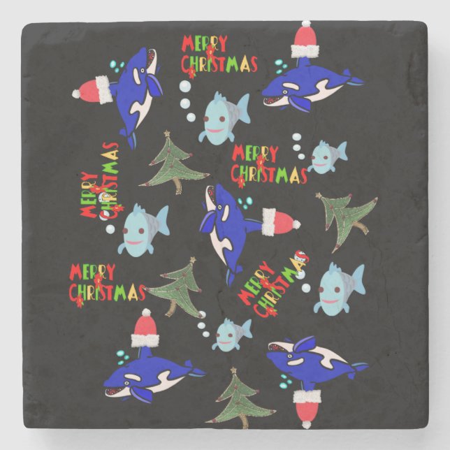 Christmas Marble Stone Coaster, Shark Fish  Stone Coaster (Front)