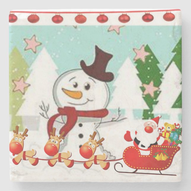 Christmas Marble Stone Coaster, Snowman Coaster (Front)