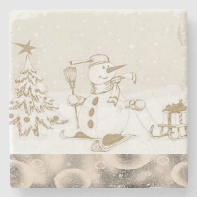 Christmas Marble Stone Coaster, Snowman Coaster (Front)