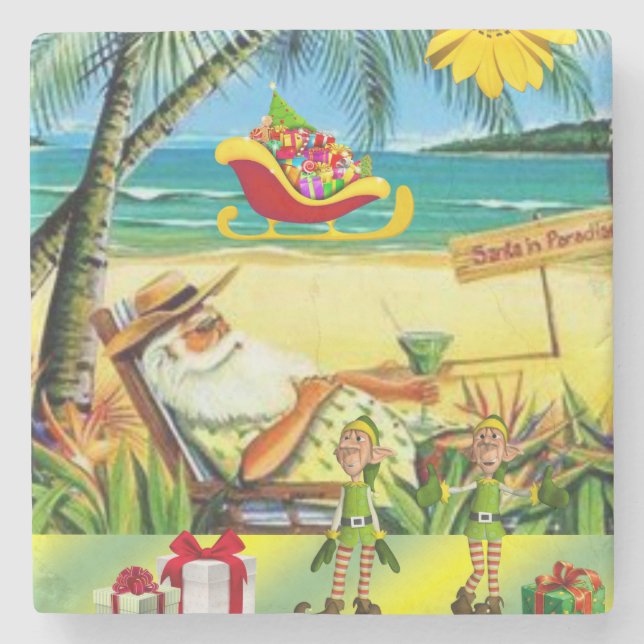 Christmas Marble Stone Coaster, Summer Beach Santa Coaster (Front)