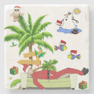 Christmas Marble Stone Coaster, Summer Beach Santa Stone Coaster
