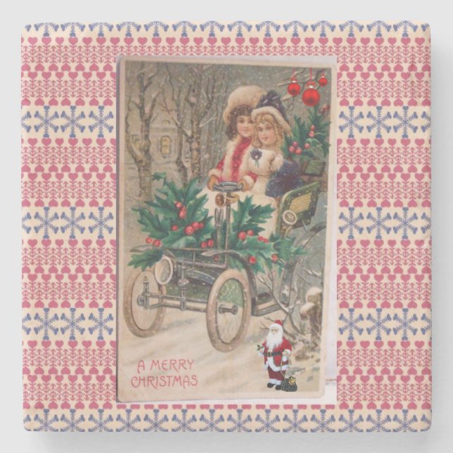 Christmas Marble Stone Coaster, Vintage Stone Coaster (Front)