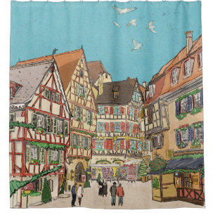 Christmas Market Strasbourg France Retro-inspired Shower Curtain