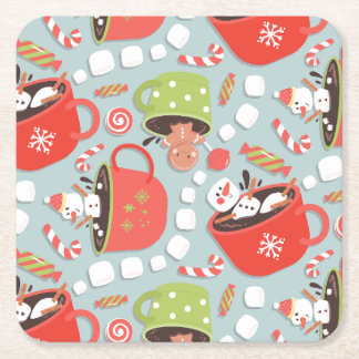 Christmas Marshmallow Snowman Hot Cocoa  Square Paper Coaster