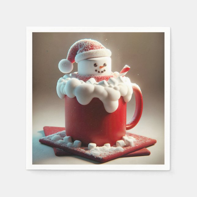 Christmas Marshmallow Snowman In Hot Chocolate Napkin (Front)