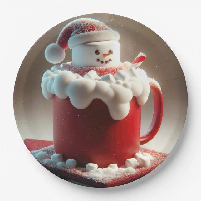 Christmas Marshmallow Snowman In Hot Chocolate Paper Plate (Front)