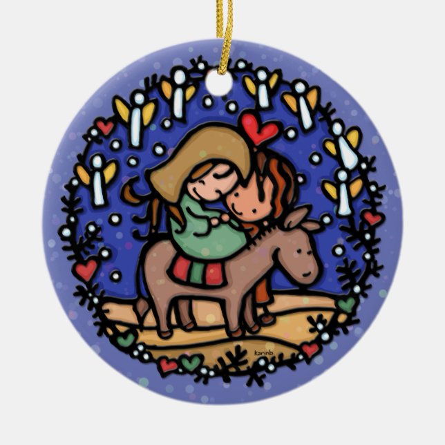 Christmas Mary Joseph Angels Rejoicing BLUE Ceramic Tree Decoration (Front)