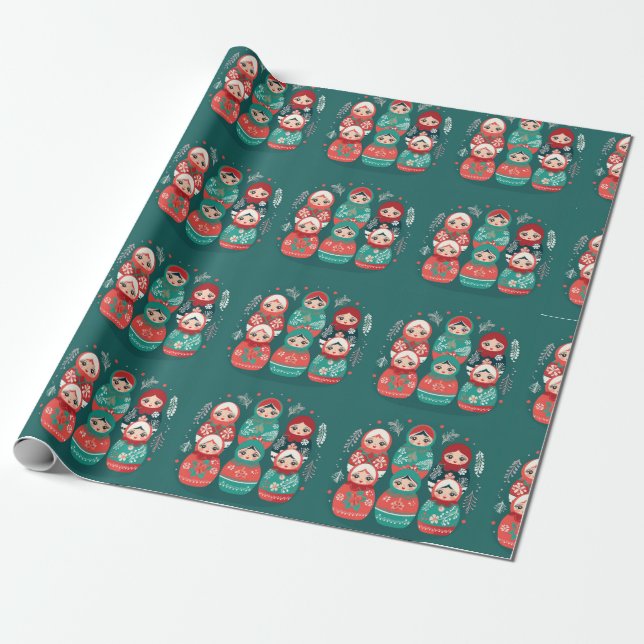 Christmas Matryoshka Nesting Doll Wrapping Paper (Unrolled)
