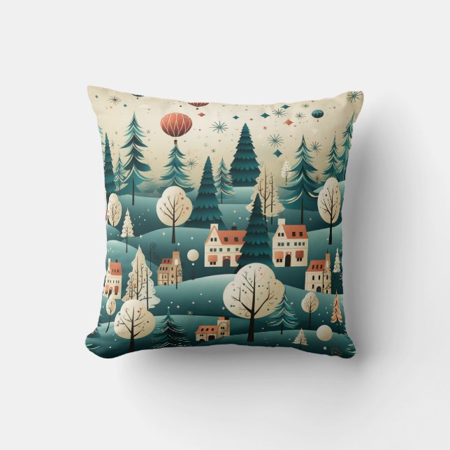 Christmas MCM Winter Village Houses Stars Trees  Cushion (Front)