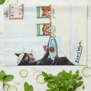 Christmas meal, Louis Wain Tea Towel