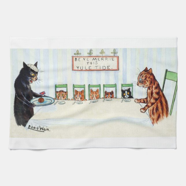 Christmas meal, Louis Wain Tea Towel (Horizontal)