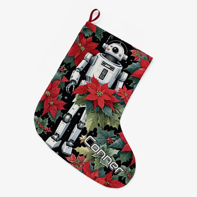 Christmas Mech Robot With Poinsettias Large Christmas Stocking (Front (Hanging))