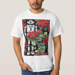 Christmas Mech Robot With Poinsettias T-Shirt