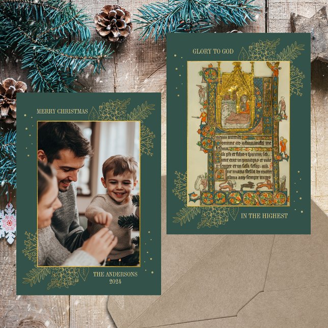 Christmas Mediaeval Christian Catholic Gold Photo Holiday Card (Christmas Medieval Manuscript Christian Catholic Nativity Scene Gold Family Photo Holiday Card)