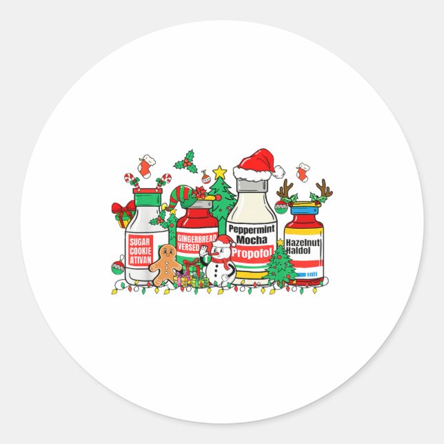 Christmas Medication Bottles Funny Nurse Humor  Classic Round Sticker (Front)