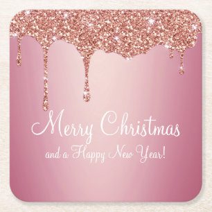 Christmas melting rose pink gold square paper coaster
