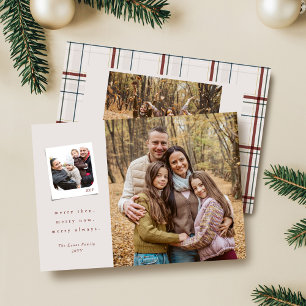 Christmas memories three photo neutral plaid holiday card