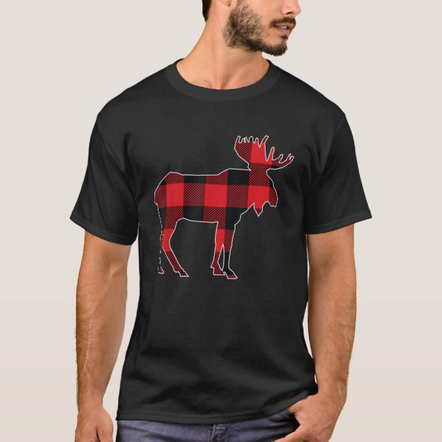 Christmas Men Kids Boys Moose Red Buffalo Plaid  T-Shirt (Front)