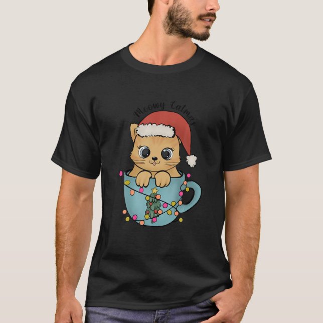 Christmas Meowy Catmas Tree Lights Cat Lover Funny T-Shirt (Front)