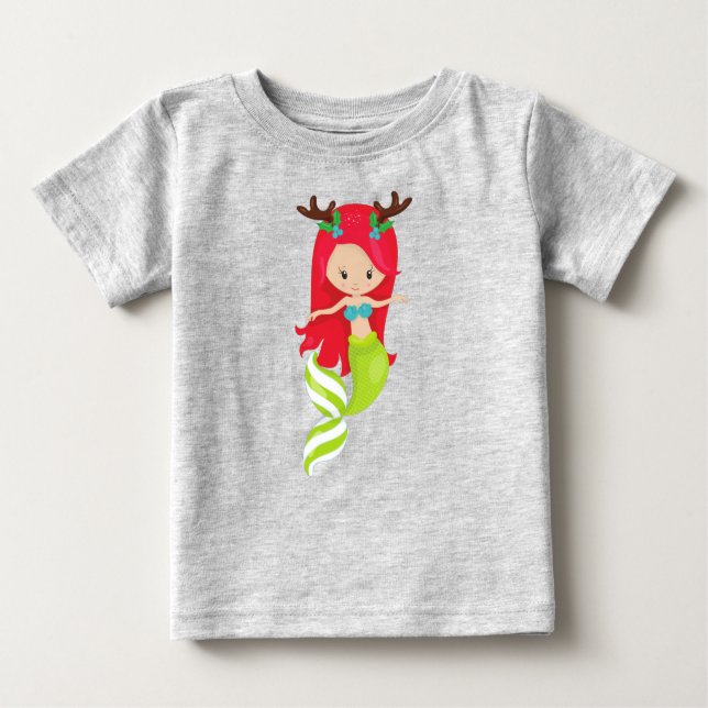 Christmas Mermaid, Antlers, Mistletoe, Xmas Baby T-Shirt (Front)