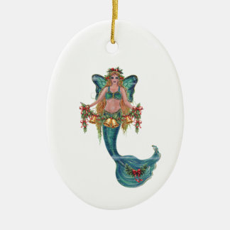 Christmas mermaid  by Renee Lavoie Ceramic Ornament