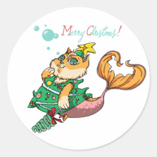 Christmas Mermaid Cat Classic Round Sticker