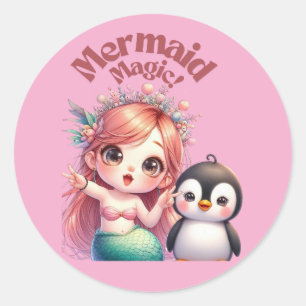 Christmas Mermaid Magic Card with Penguin Fun Classic Round Sticker