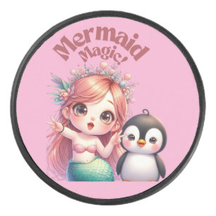 Christmas Mermaid Magic Card with Penguin Fun Hockey Puck