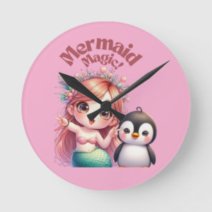 Christmas Mermaid Magic Card with Penguin Fun Round Clock