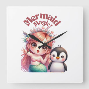 Christmas Mermaid Magic Card with Penguin Fun Square Wall Clock