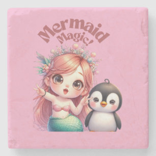 Christmas Mermaid Magic Card with Penguin Fun Stone Coaster