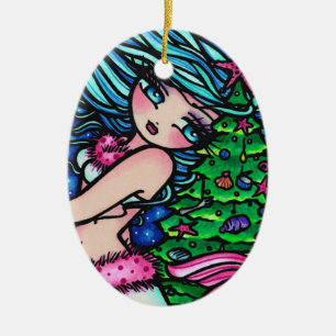 Christmas Mermaid Merry Mindy Art by Hannah Lynn Ceramic Ornament