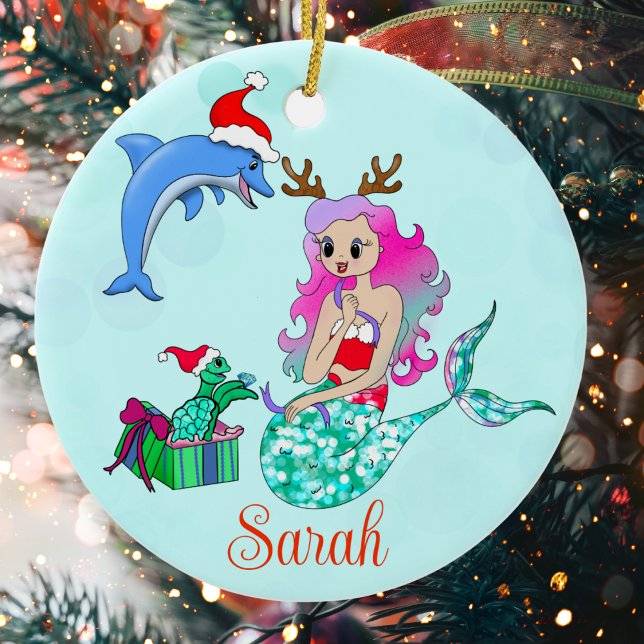 Christmas Mermaid Opening Up Gifts Name Ceramic Ornament (Creator Uploaded)