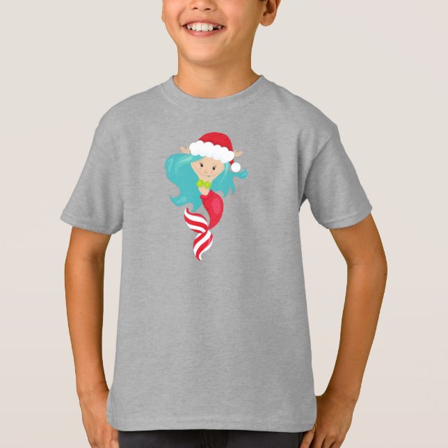 Christmas Mermaid, Santa Hat, Xmas, New Year T-Shirt (Front)