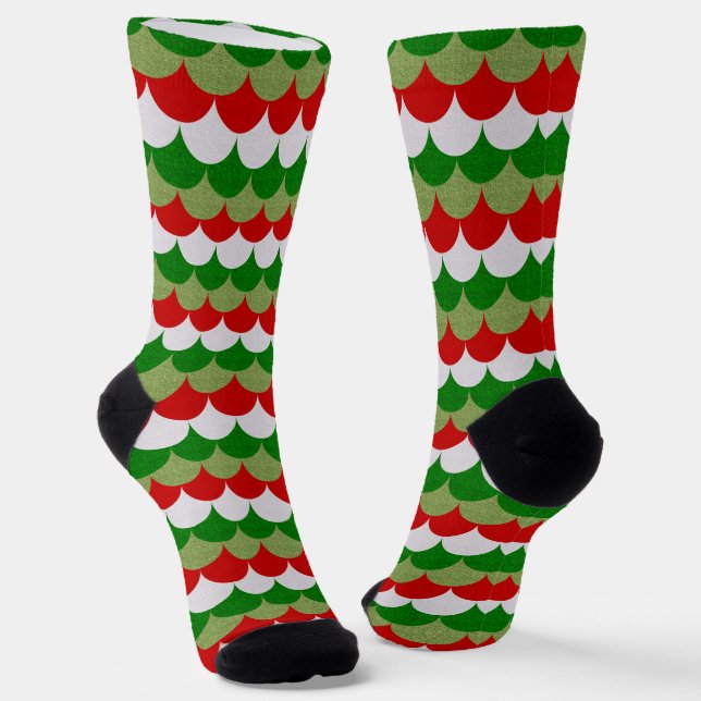 Christmas Mermaid Scales Sparkle Holiday Pattern Socks (Angled)