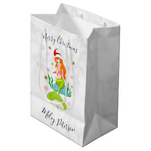 Christmas mermaid & snowflakes gold personalised medium gift bag
