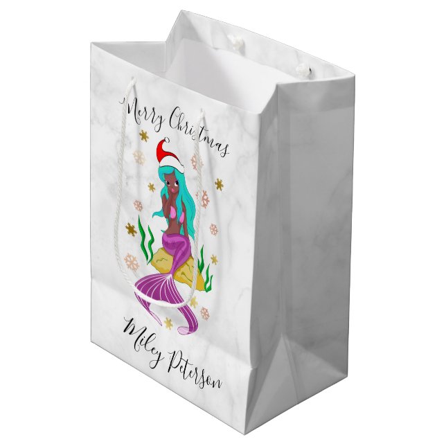 Christmas mermaid & snowflakes gold personalised medium gift bag (Front Angled)