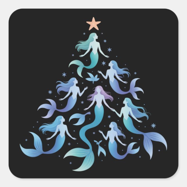 Christmas Mermaid Tree Girls Summer Holiday Xmas Square Sticker (Front)