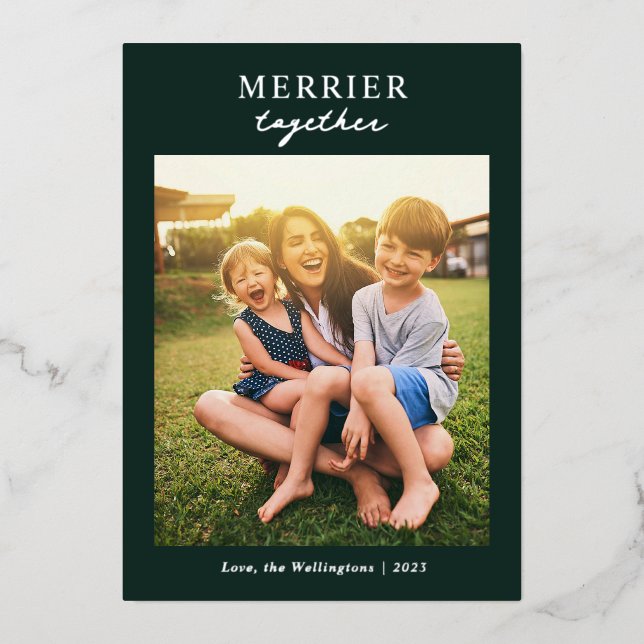 Christmas Merrier Together Family Photo Silver Foil Holiday Card (Front)